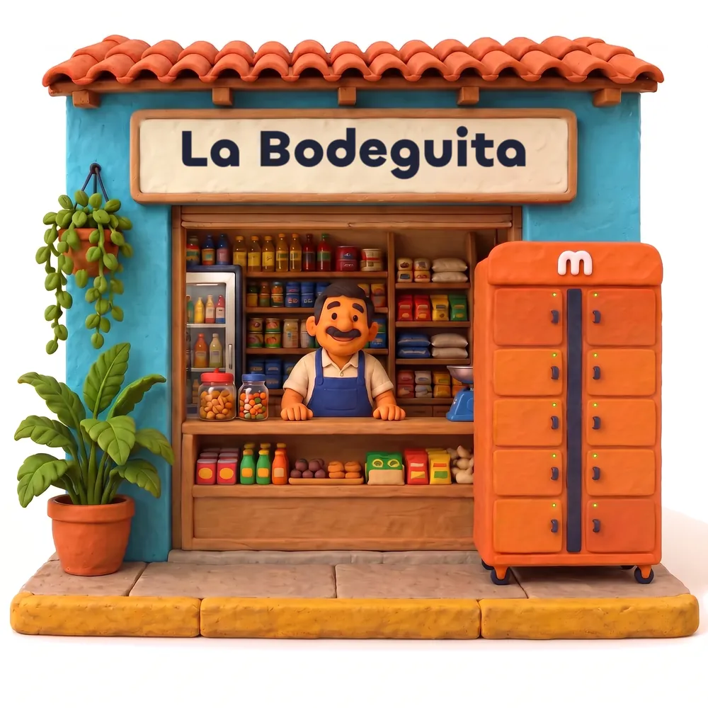 Escena de plastilina de La Bodeguita, un comercio de la comunidad: el dueño en su vitrina y, al lado, el locker meru en onoto con 10 bahías de carga