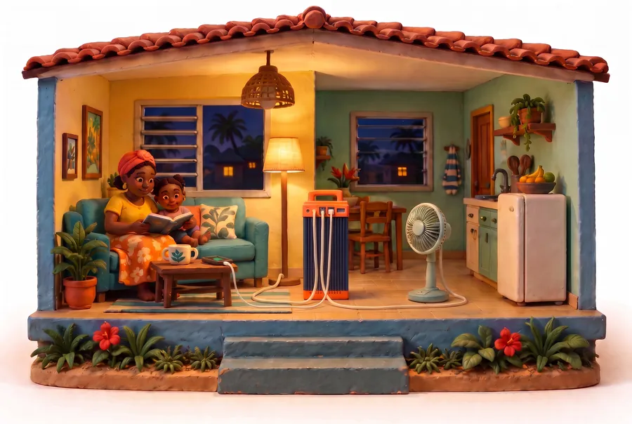 Escena de plastilina de una casa de noche: una madre lee con su hijo bajo una lámpara de piso; el set meru alimenta la lámpara, el ventilador y el teléfono que carga en la mesa, y la luz del techo está apagada